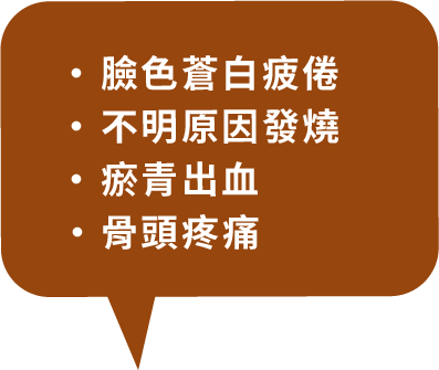 臉色蒼白疲倦、不明原因發燒、瘀青出血、骨頭疼痛。